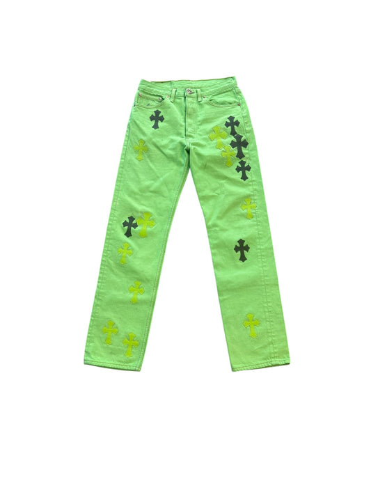 Chrome Hearts Slime Green Levis Leather Cross Denim Jeans
