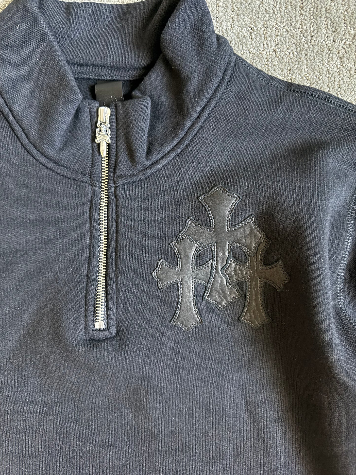 Chrome Hearts Leather Triple Cross Paper Jam 1/4 Zip Sweater Black